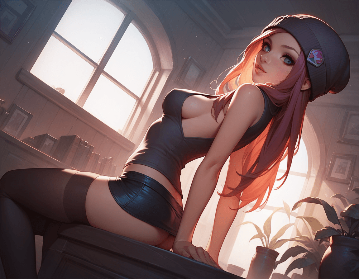 AI generated: score_9, score_8_up, score_7_up, artistic angle, inside, 1girl, (sleeveless_shirt, micro skirt, bean...