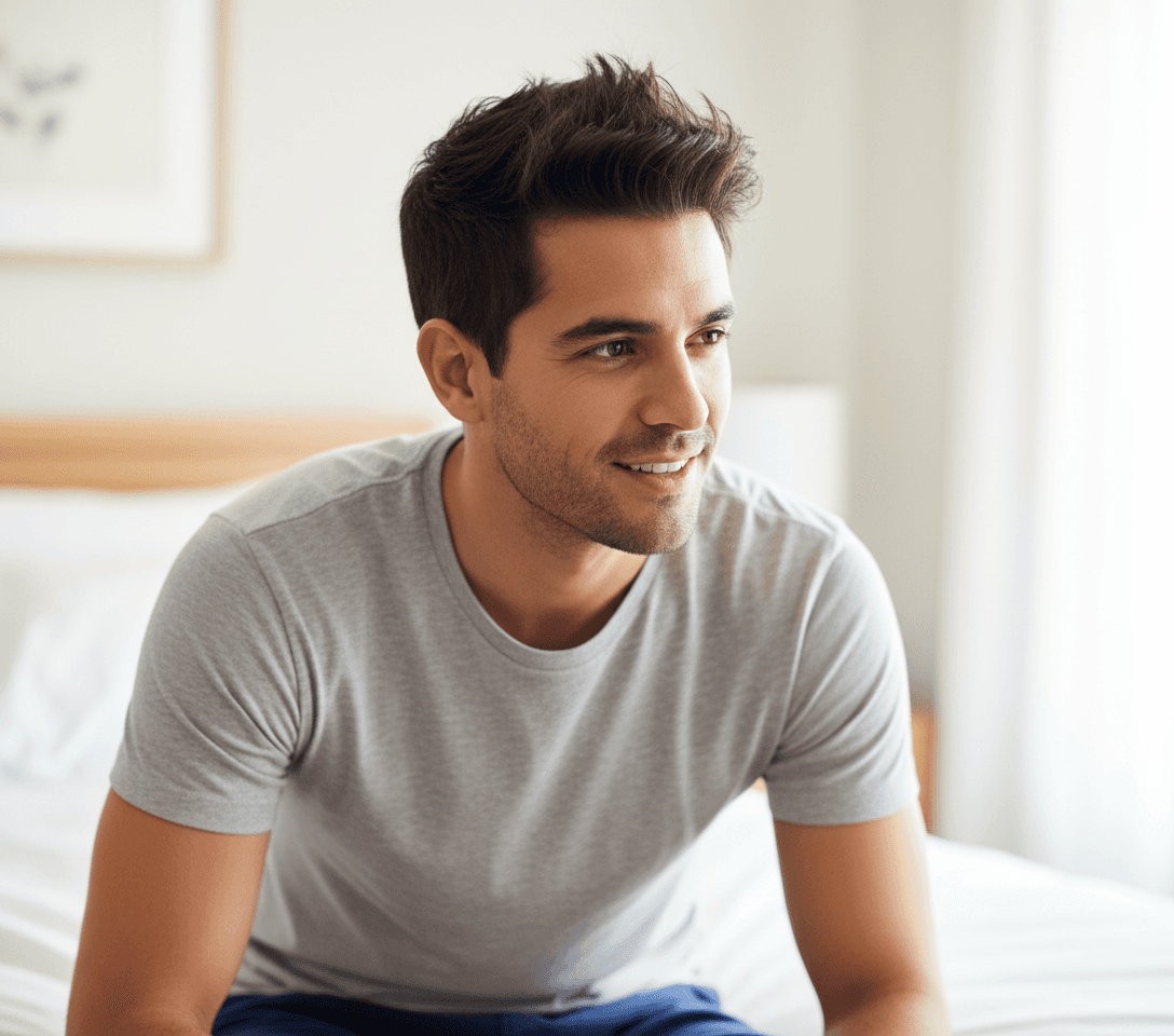 AI generated: In a bright bedroom scenario. The Hispanic male is looking for an outfit from his closet. He is wear...