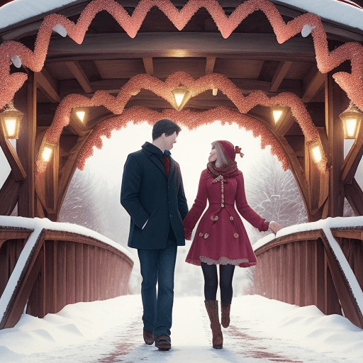 AI generated: Valentine's Day theme, whimsical, affectionate couple at a town bridge, romantic, lots of hearts, wi...