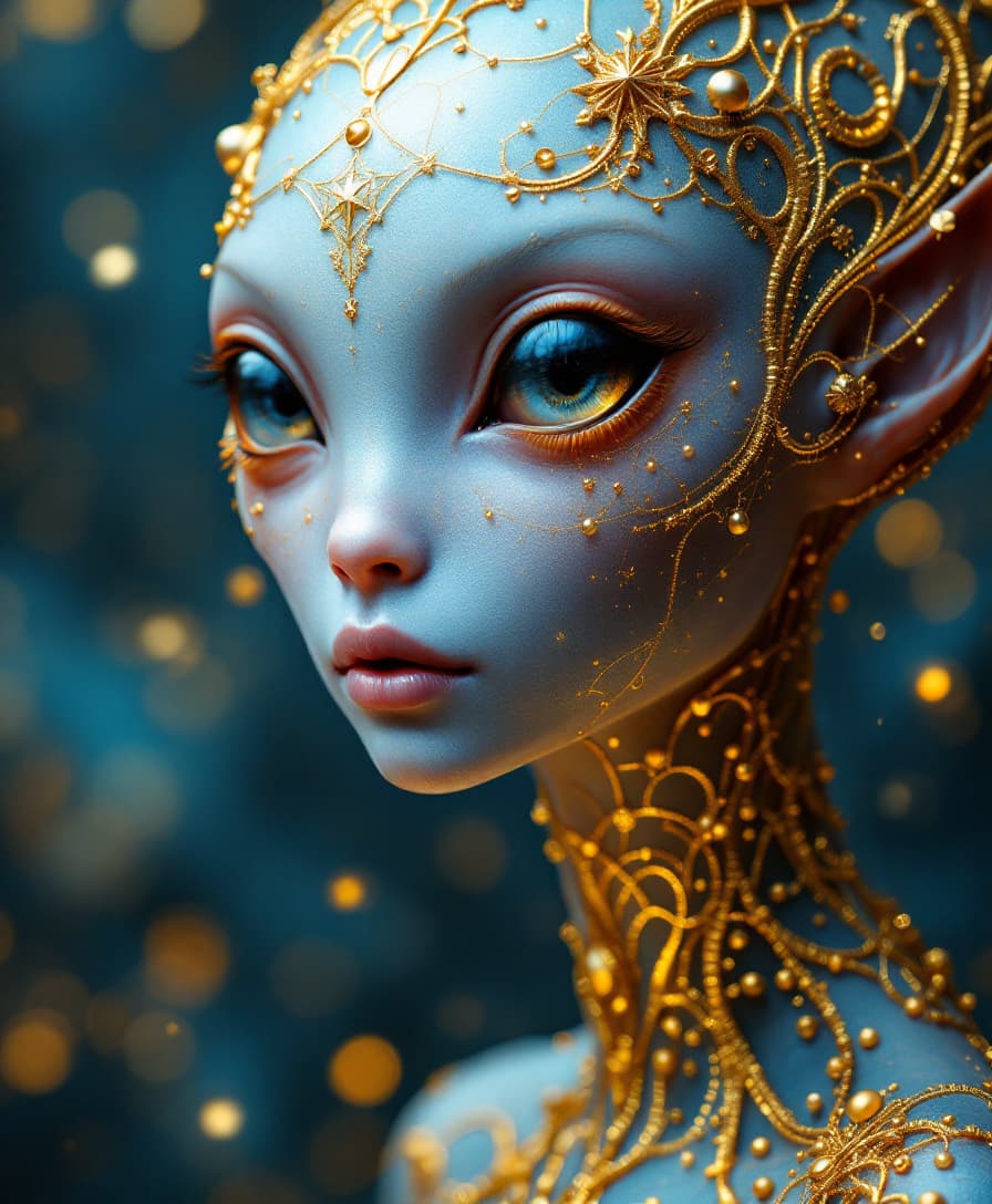AI generated: Close-up of an ethereal alien with an elongated, graceful head and large, crystal-like eyes full of ...