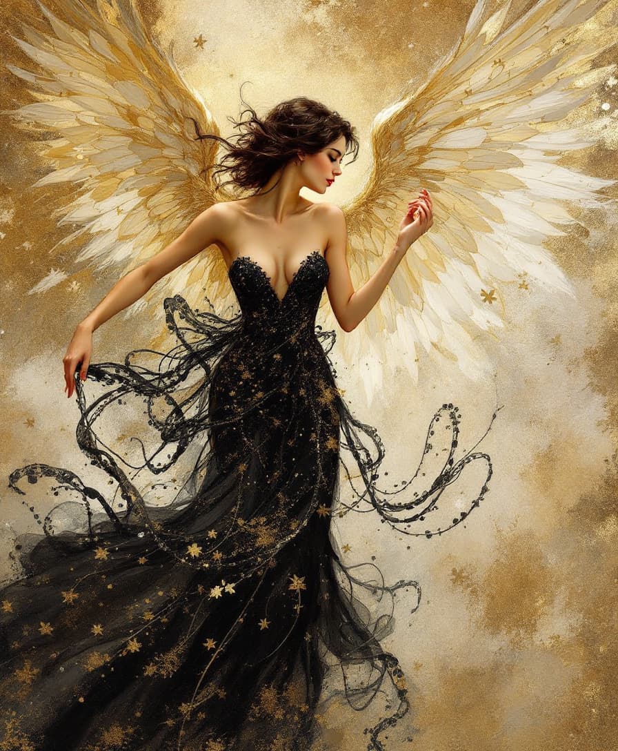 AI generated: 
impressionist painting of a beautiful angel woman wearing a black and gold dress, in the style of A...