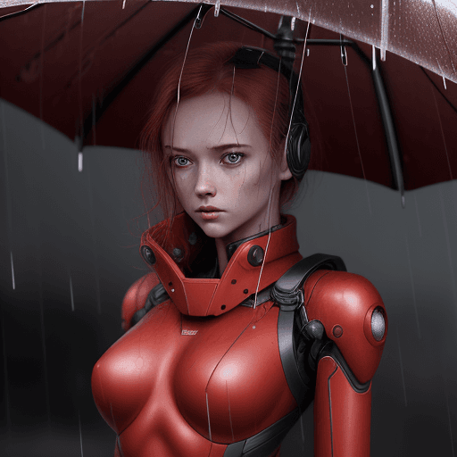 AI generated: young girl with a red robot suit standing in the rain, in the style of detailed hyperrealism, skotti...