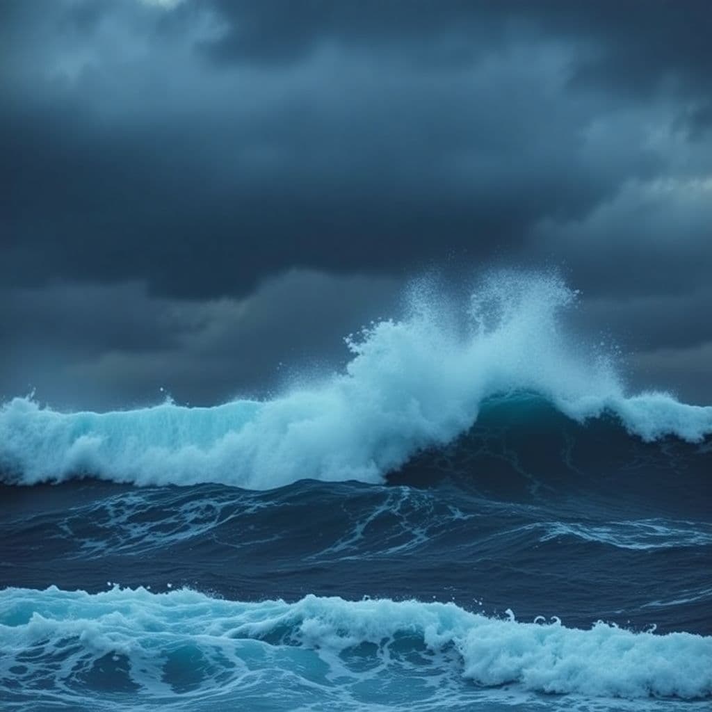 AI generated: A stormy ocean with towering waves, dark clouds, dramatic energy, deep blues.