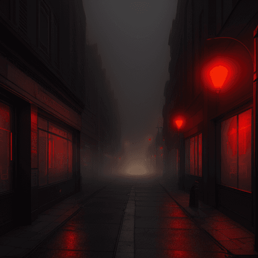 AI generated: Foggy dark street, red lights, broken bank, hyper realistic, hdr, 9:16