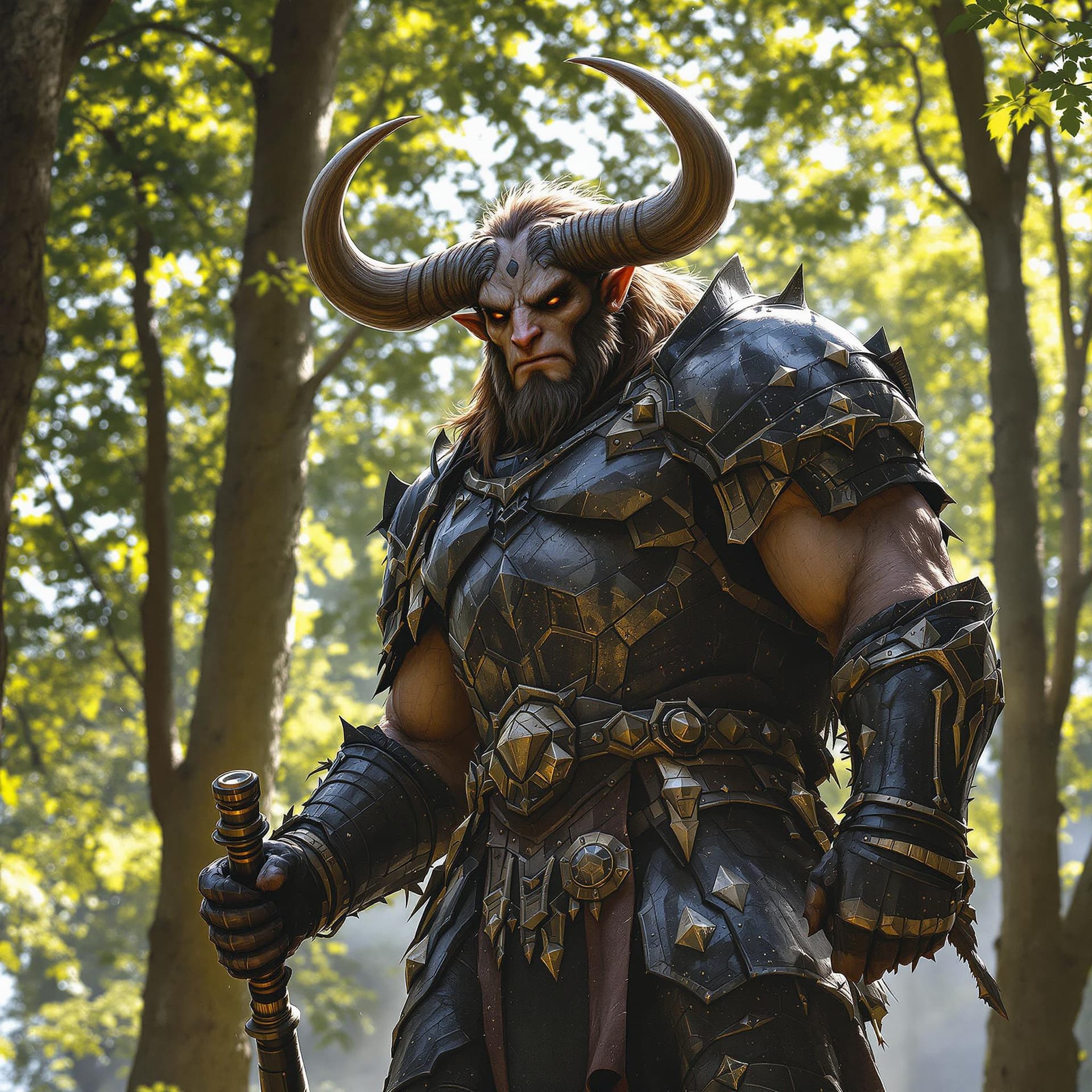 AI generated: A minotaur warrior, his face with humanoid features, dressed in battered black armor, walks imposing...