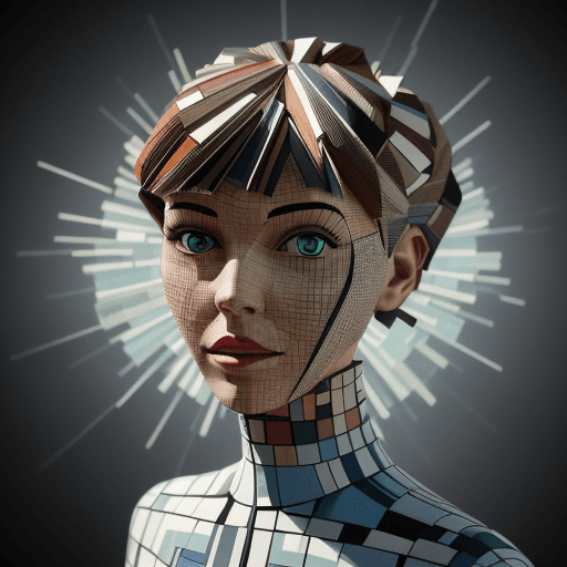 AI generated: A woman made with mid-century modern collage, made of random shapes cut from fashion and science mag...
