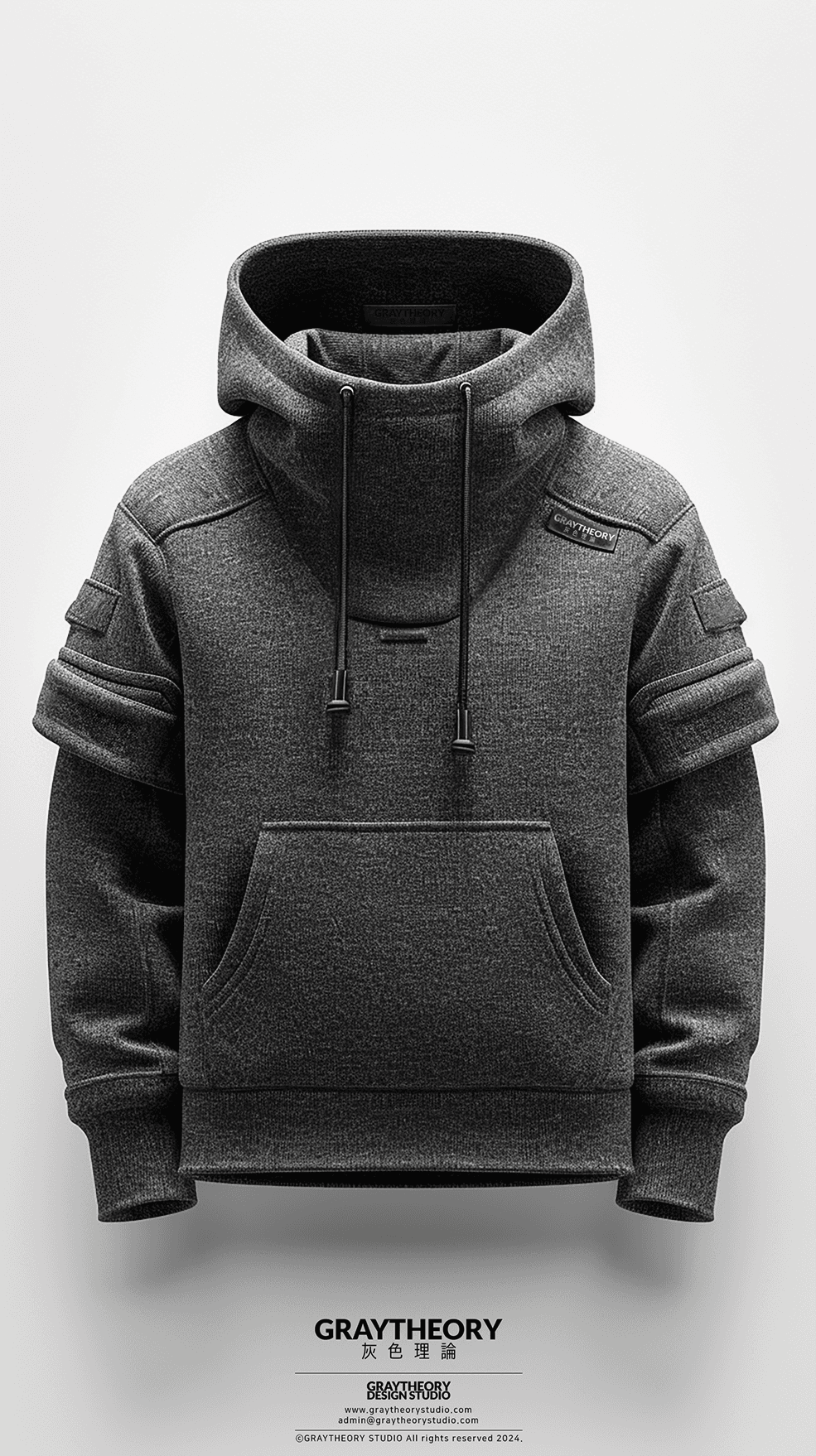 AI generated: front view, capture a urban style, Hoodie, technical materials, fabric small point label on text 'Gr...