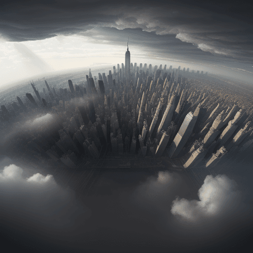 AI generated: 
A photo of New York city, in the clouds a massive alien spaceship looms over the city. Crowds of pe...
