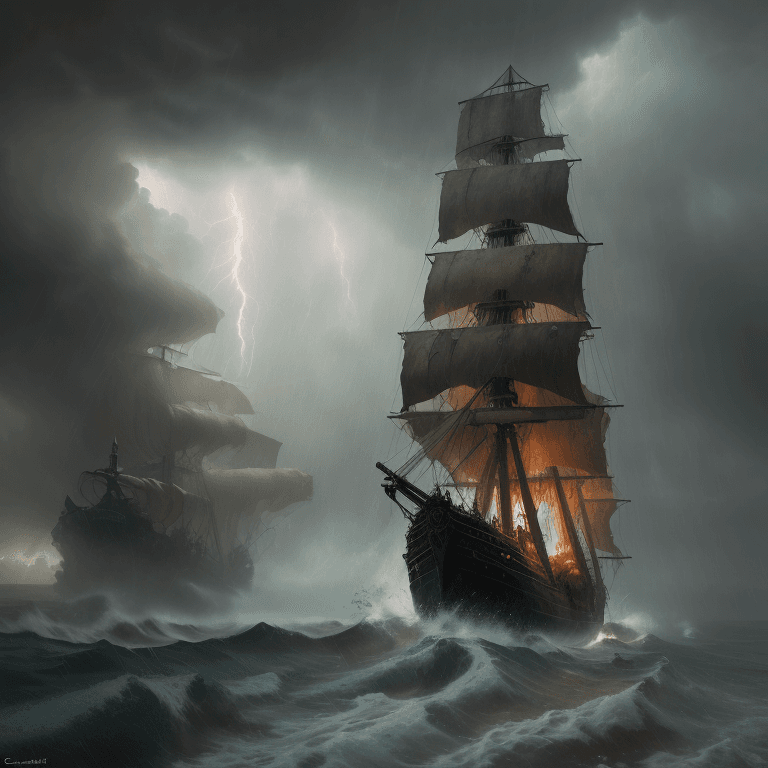 AI generated: oil painting with heavy impasto of a pirate ship after a sea battle, turbulent sea, thunderstorm, ra...