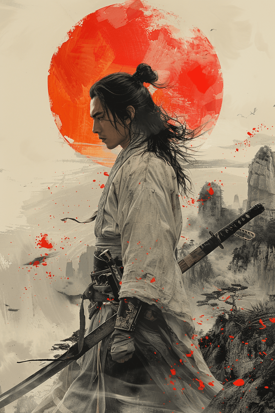 AI generated: Asian-styled illustration of a man holding a sword, in the style of anime-inspired character designs...