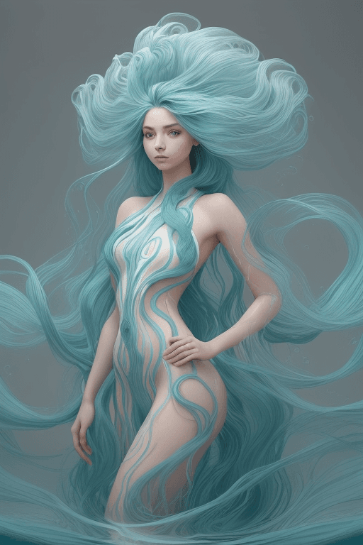 AI generated:  an image of a person with a flowing, sculptural hairstyle and garment that echo the movement of wat...