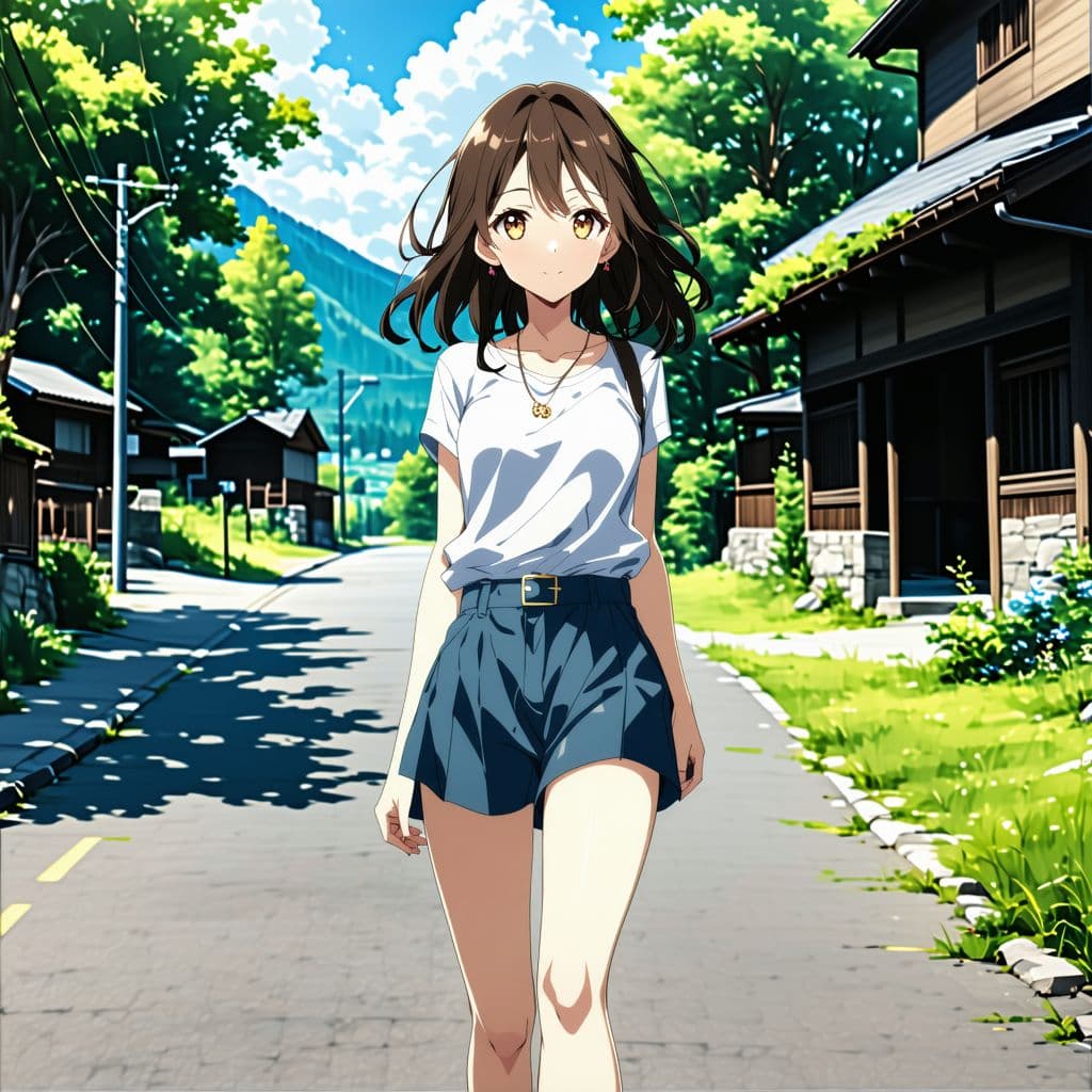 AI generated: An anime girl walking outdoors, casual outfit, road, walking, wavy brown hair, hazel eyes, perfect a...