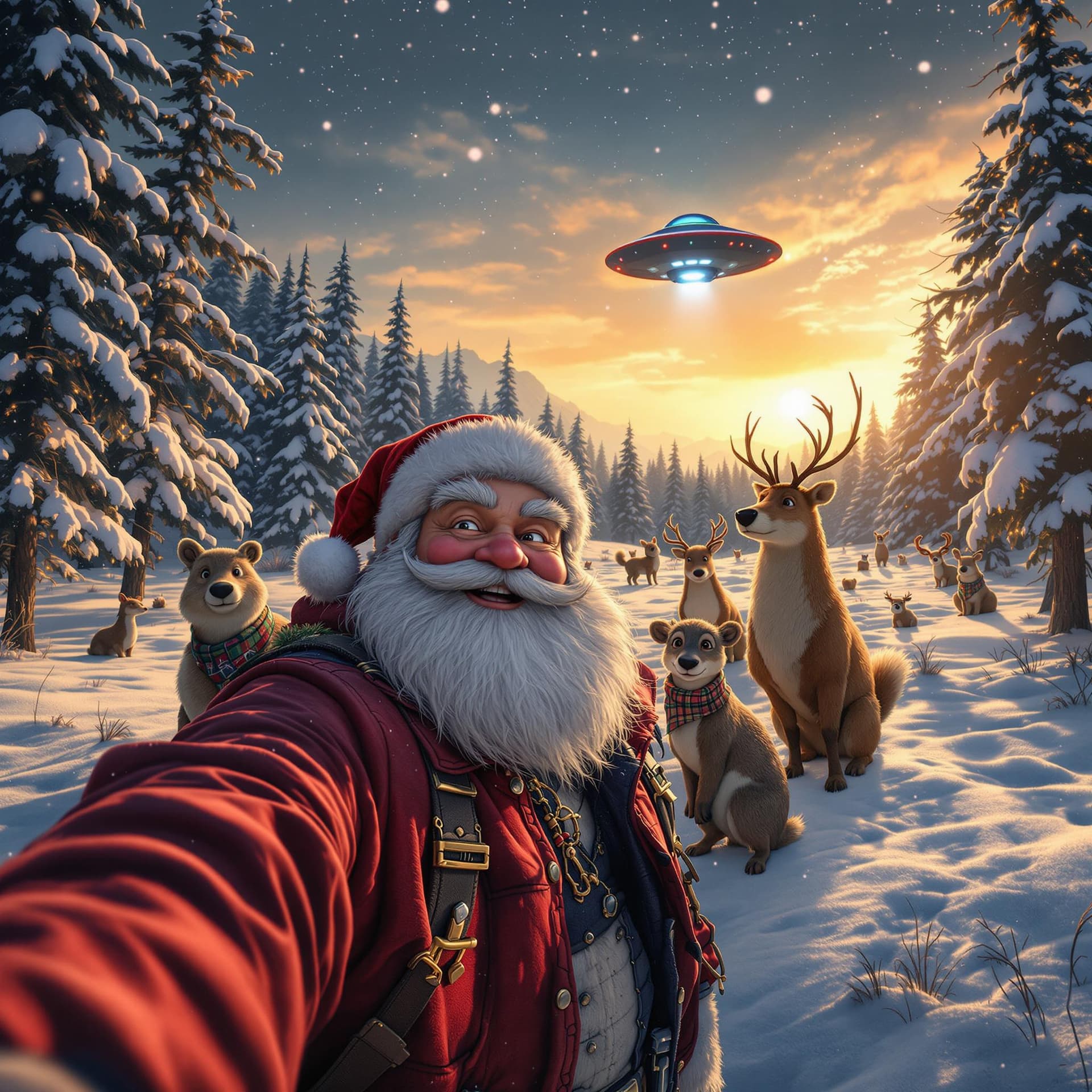 AI generated: In the winter forest, there is an field with many forest animals standing on it. Animated Santa Clau...