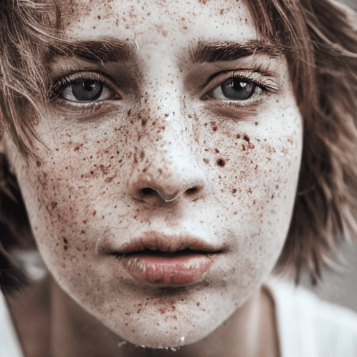 AI generated: detailed and realistic portrait of a woman with a few freckles, round eyes and short messy hair shot...