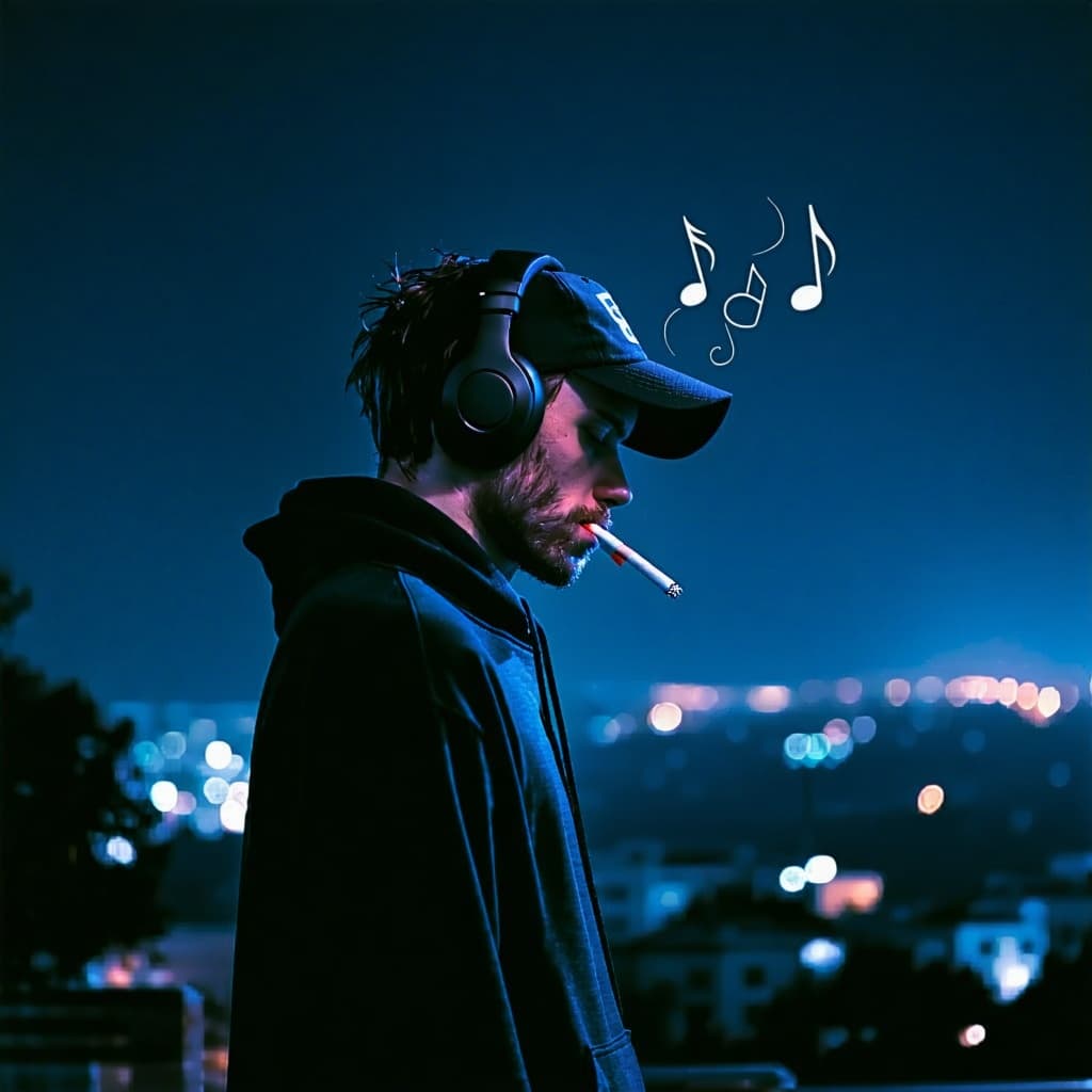 AI generated: photo of depressed man, view from head to body, man standing left, has bristles, tired look, cigaret...