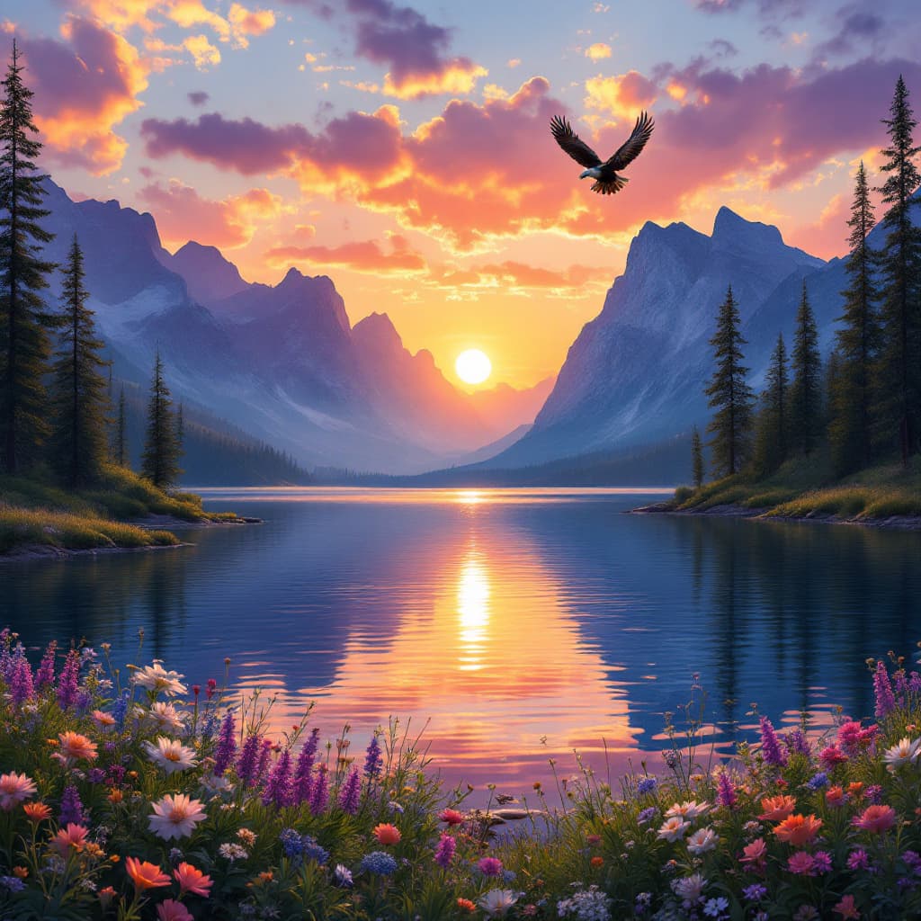 AI generated: A breathtaking sunset over a serene mountain lake, with the sky painted in vibrant shades of orange,...