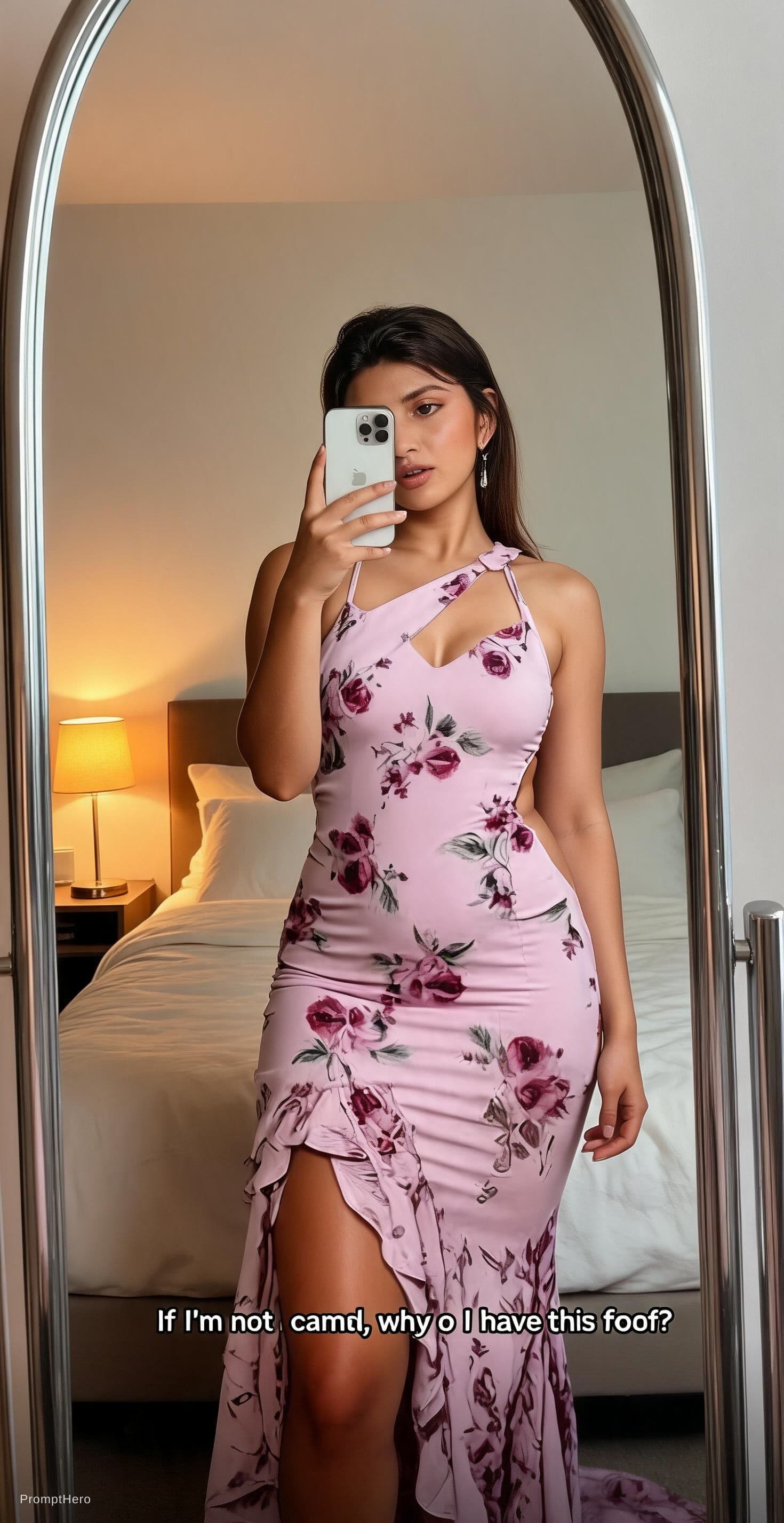 AI generated: A realistic mirror selfie video recorded on an iPhone of a woman standing in a softly lit bedroom. S...