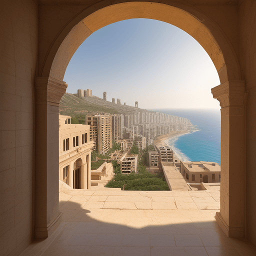 AI generated: Realistic eye-level outdoor photo of a general view of the city of Beirut in the Phoenician era, wit...