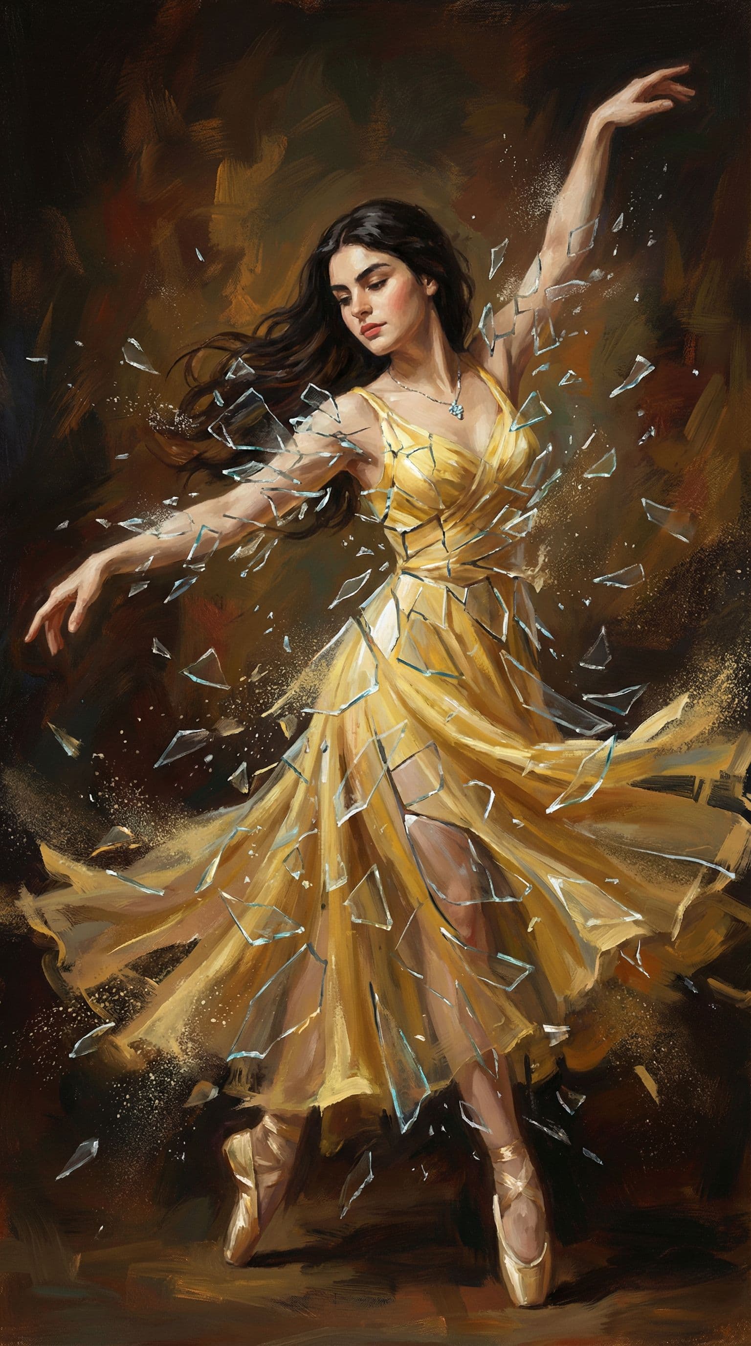 AI generated: a painting of a woman wearing a yellow dress, in the style of joram roukes, dance, neil gaiman, grac...