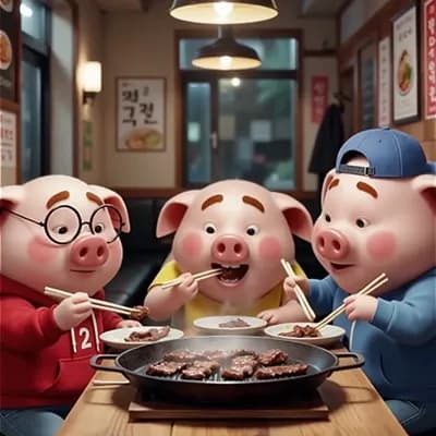 AI generated video: 투후가 끝난후 
식당테이블에서 돼지1돼지2돼지3 
소고기을 먹고있다 