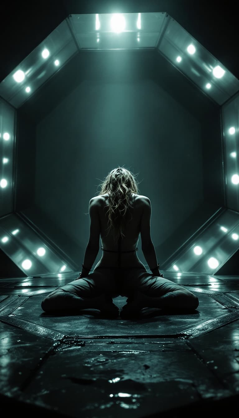 AI generated: (film grain), full body view (A beautiful barefoot woman restrained in a straitjacket kneels in the ...