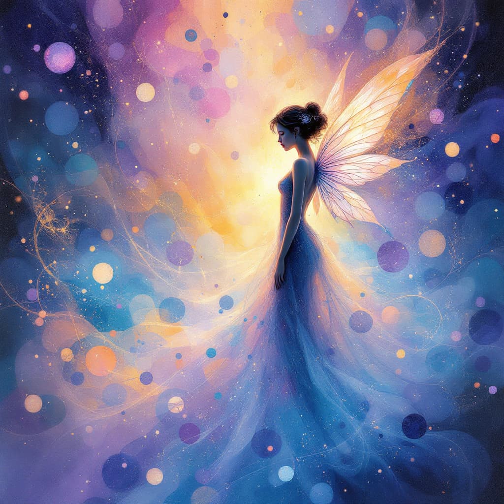 AI generated:  Whispers of iridescent mist swirl around a delicate, ethereal fairy, her slender form dissolving in...