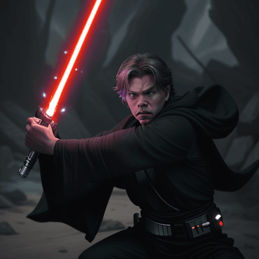 AI generated: Star Wars Grogu fighting Thanos. Holding a small lightsaber, Express it as realistically as possible...