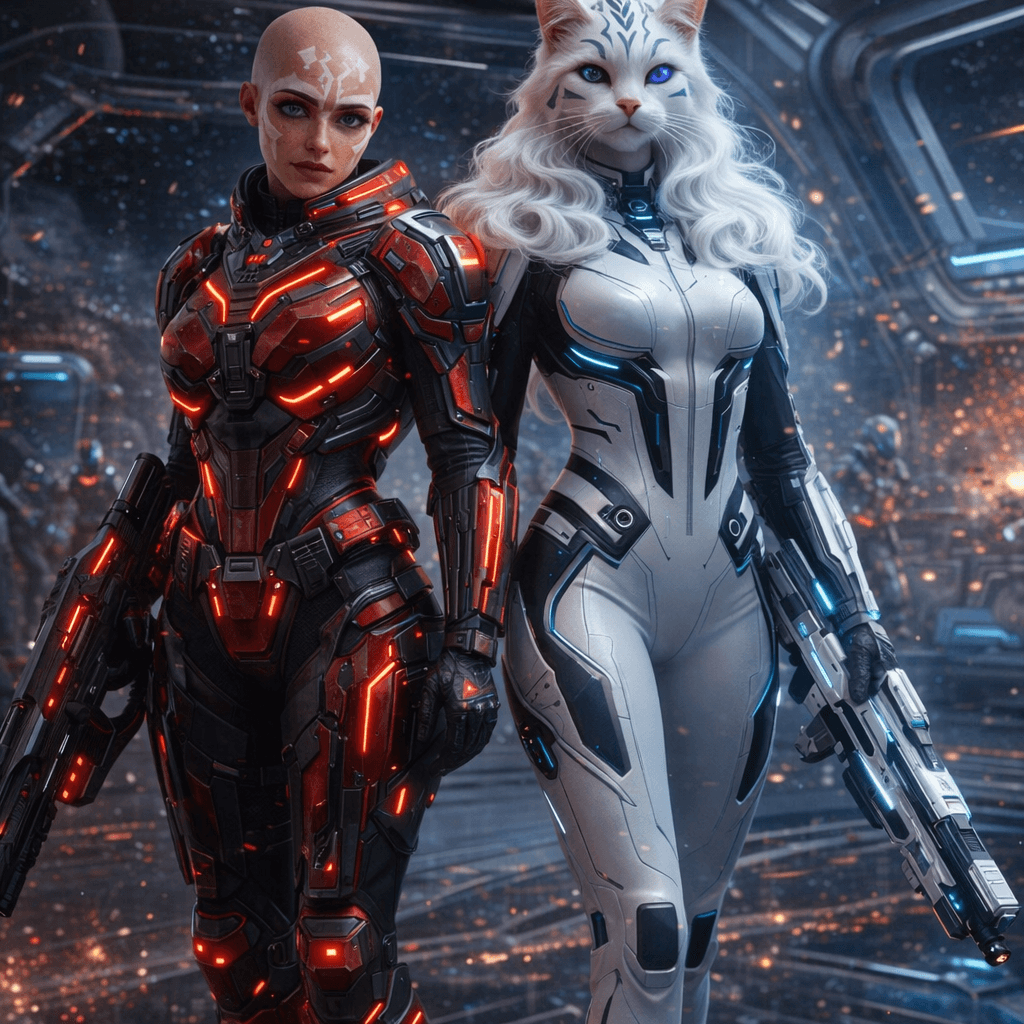 AI generated: Using the reference images one and two. Create Space Combat suits for the characters in images three...