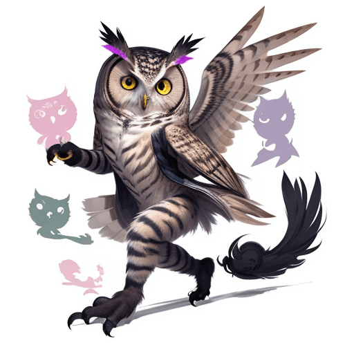 AI generated: part owl, part cat, owl cat, creature, cute, concept art, anime, 2D, painting, portrait, full body i...