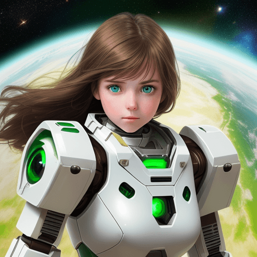 AI generated: 
a girl with brown hair, green eyes. wearing white robotic armor, rescuing her smal robot friend  in...