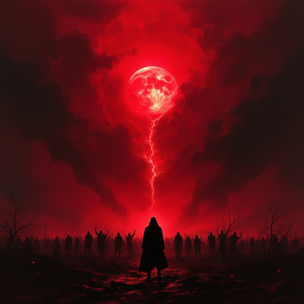 AI generated: a dramatic, emotional album cover showing a lone figure standing under a blood-red sky, distant sun ...