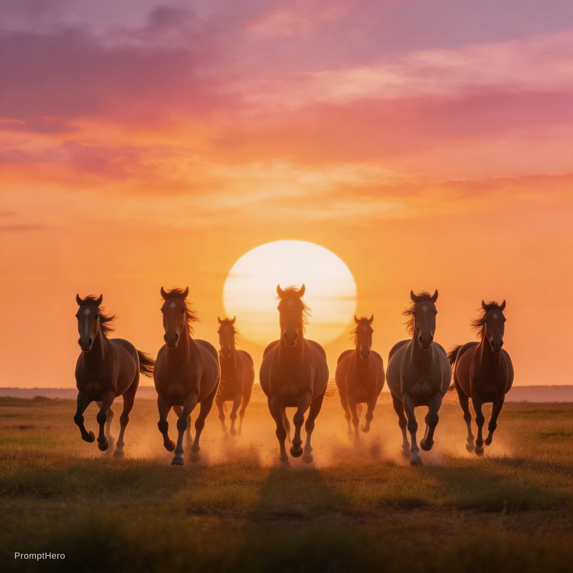 AI generated: 7 horses running towards sun