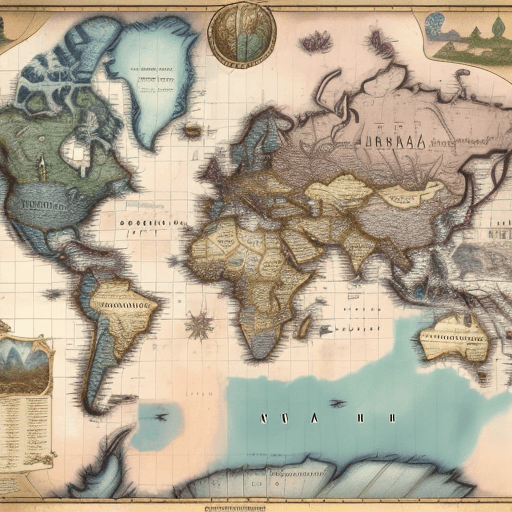 AI generated: a world map of a medieval fantasy world with three main cities of landmarks 
