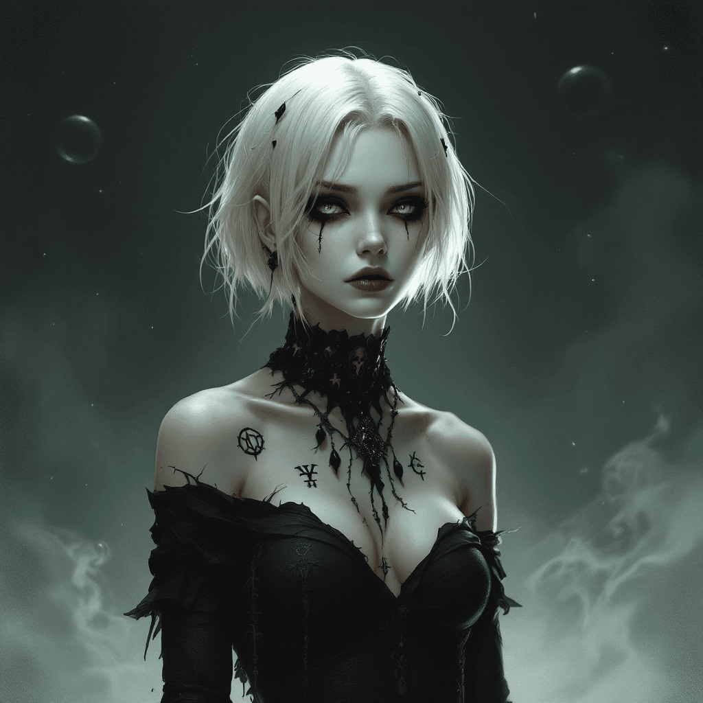 AI generated: The Voice of the Void: A haunting character with short, platinum blonde hair that seems to absorb th...
