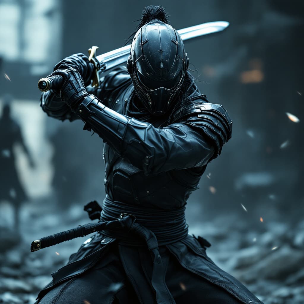 AI generated: Ultra HD photography, futuristic black belt karate fighter, full battle, blockbuster sci-fi movie st...