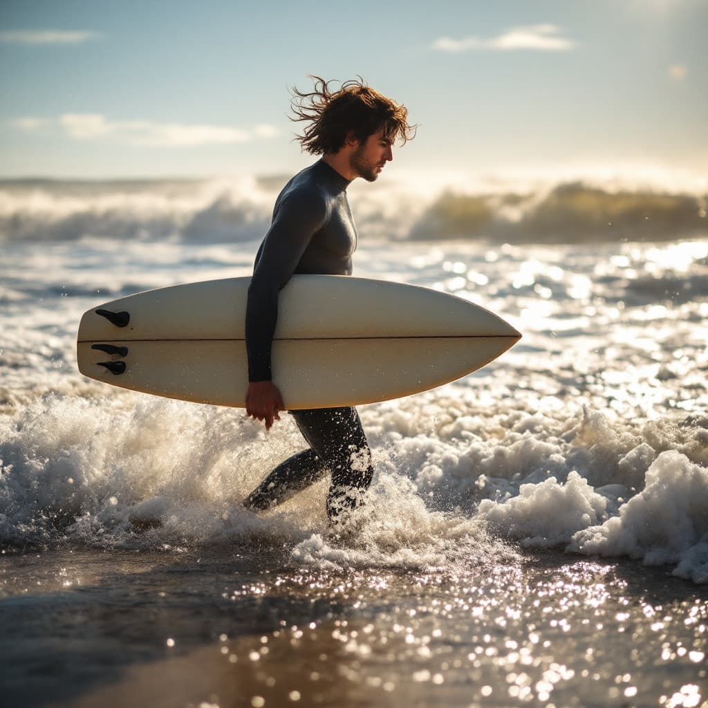 AI generated: man walking on beach carrying surfboard under arm short wavy dark hair blowing in wind wearing wetsu...