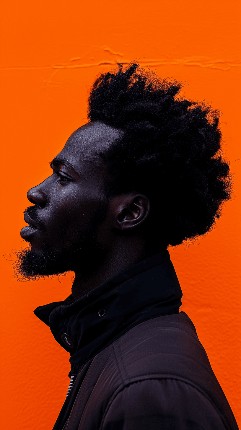 AI generated: photography, portrait of contrast, profile silhouette of a black man, vibrant orange backdrop, visua...