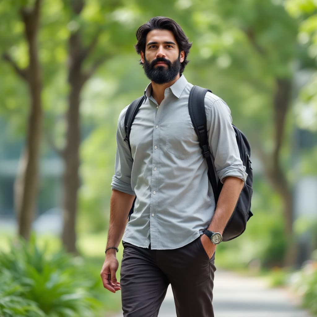 AI generated: A tall man with 6 foot height, medium length black hairs and medium long black beard. Wearing casual...