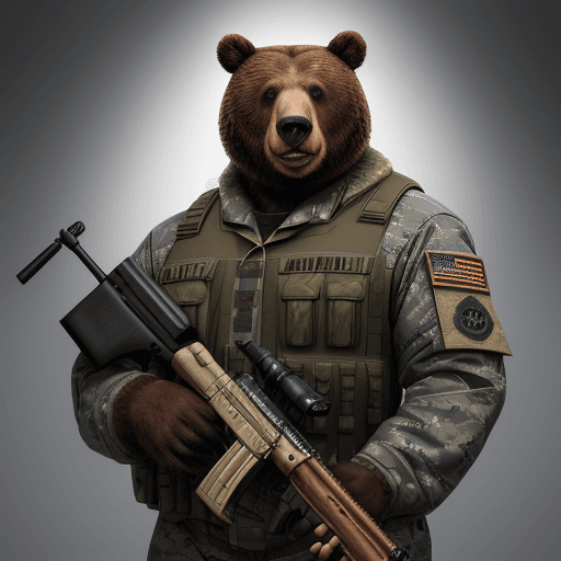 AI generated: Courageous greazly bear in full heart military uniform, holding a shotgun, anthropomorphic, super de...