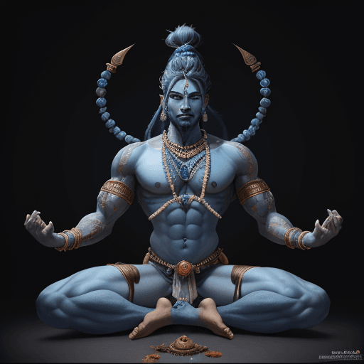 AI generated: Hyper realistic masculine, blue skin colored shiva, with man bun, and Rudraksa beads, in Nataraja po...