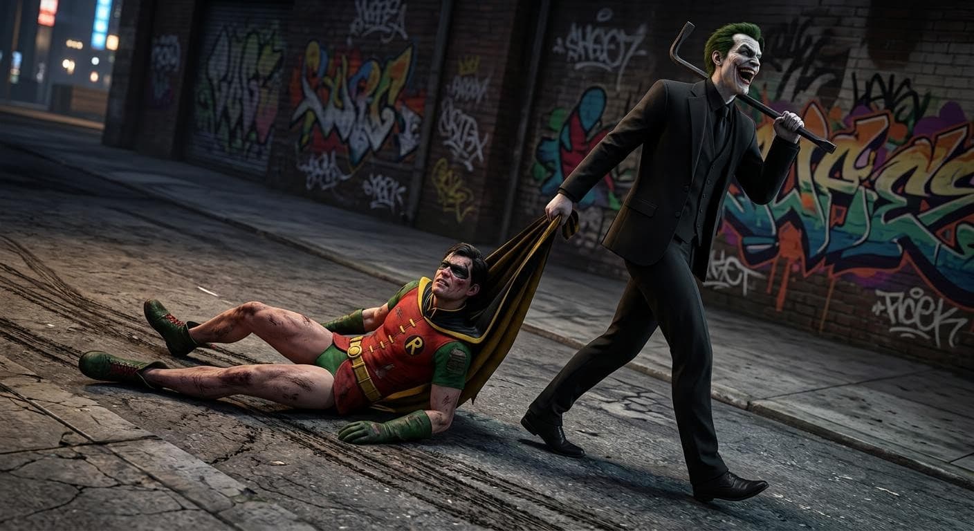 AI generated: a side profile full body pov 3d realistic illustration of a defeated, battered robin from Batman bei...