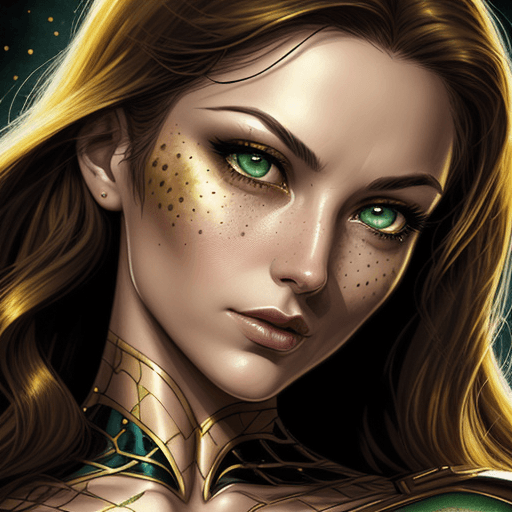 AI generated: picture of a woman with green eyes, in the style of detailed comic book art, dark amber and gold, cl...