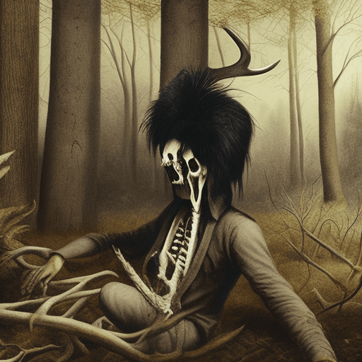 AI generated: Deerman wearing black feather with a deer skull in a dark forest