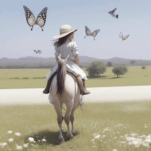 AI generated: Una mariposa en el campo, acompañado con palomas blancas y caballos 