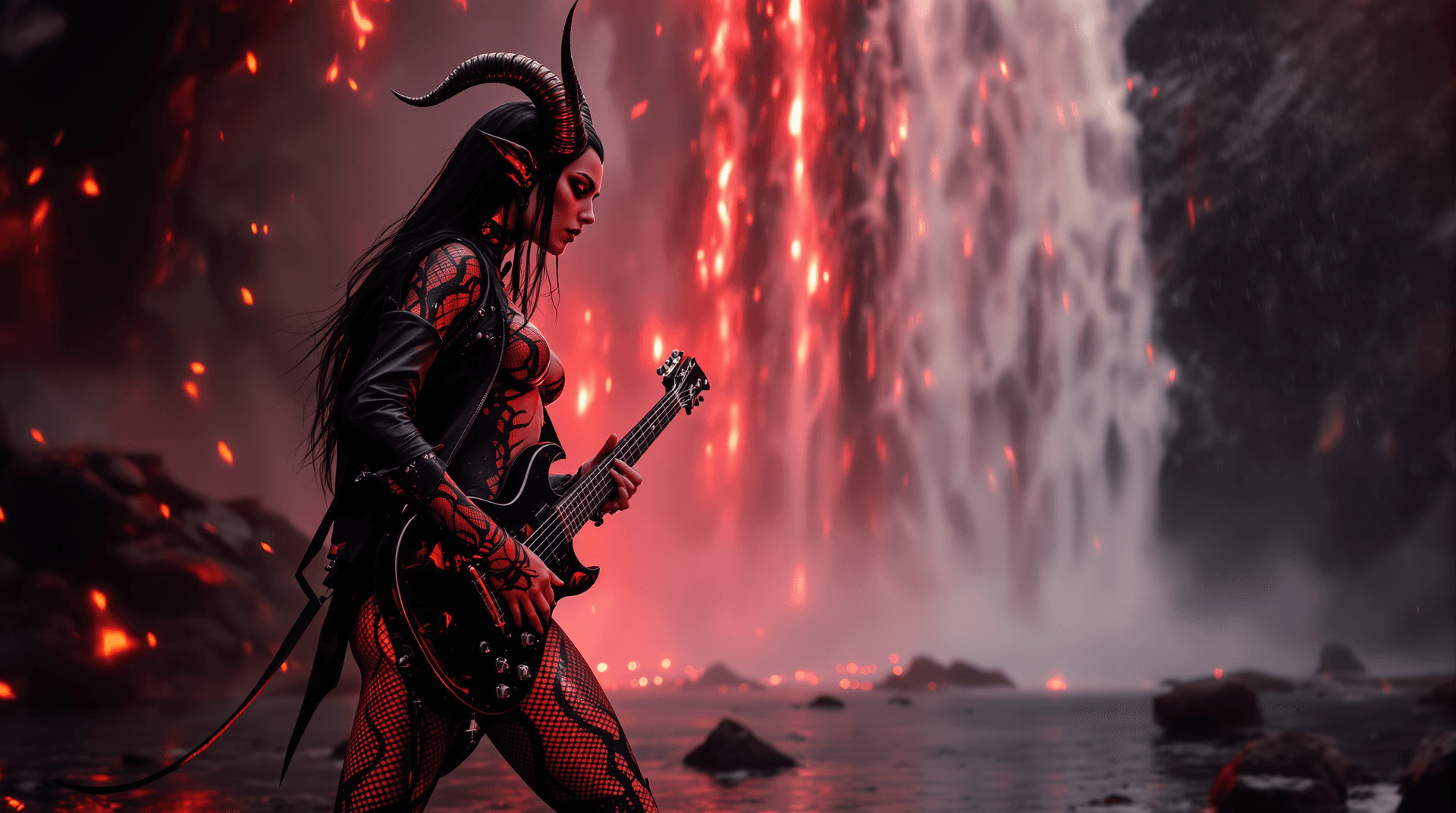 AI generated: Cinamati scene, Full frame - wide angle, distant photo from low angle of a female .  A badass additu...
