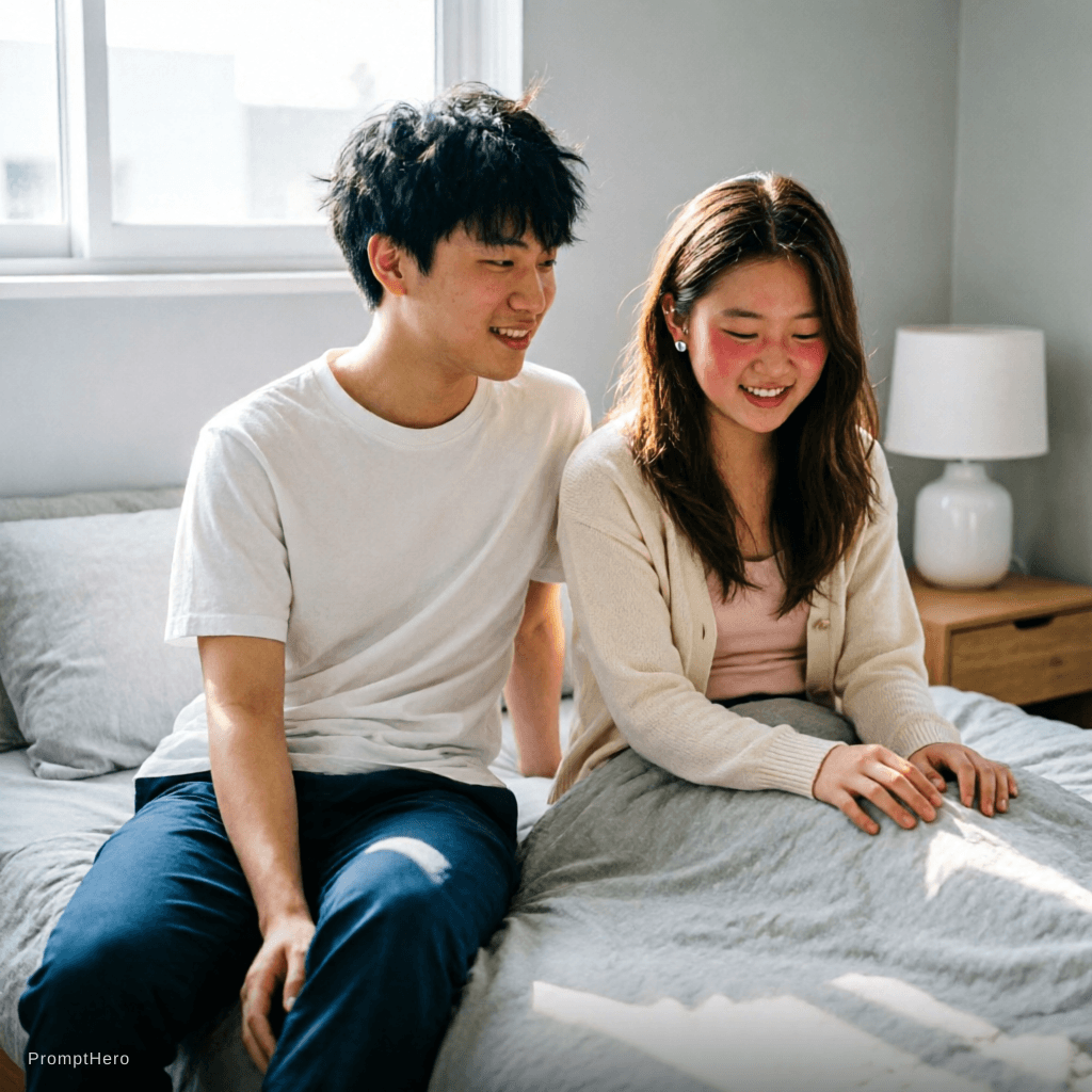 AI generated: Boy add girl photo perfectly he sitting in the bed 