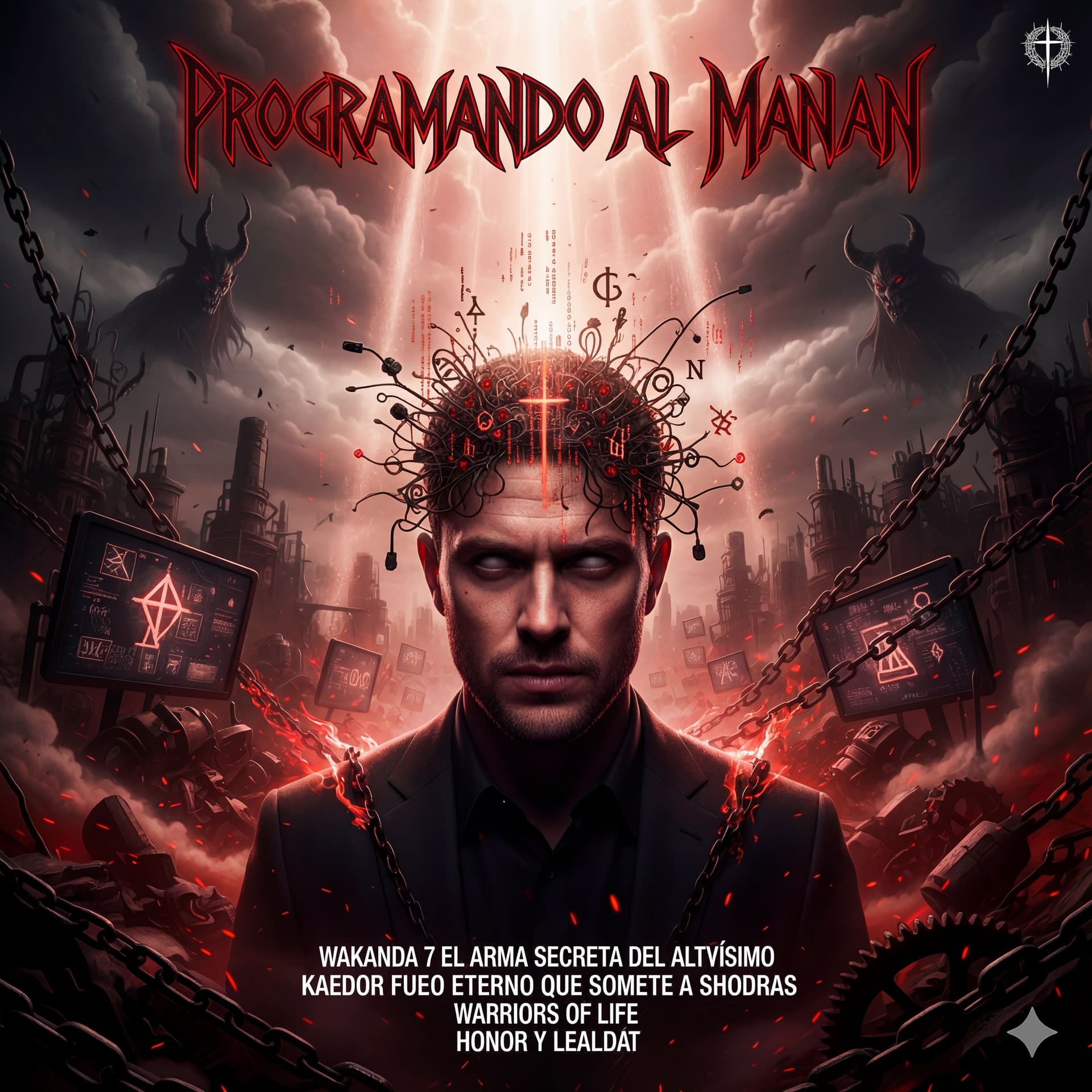 AI generated: Ultra realistic heavy metal album cover, prophetic and apocalyptic theme.
Modern man with empty eyes...
