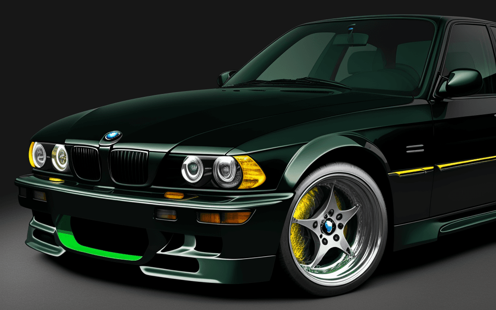AI generated: dark green chrome black and yellow angle lights bmw_e series model 1995 bmw 
