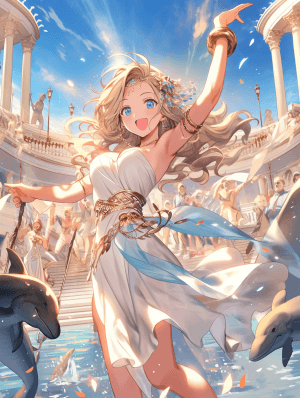 AI generated: Ancient Greece, Athenian Dynasty 2,500-year talented young girl, bright blue eyes, passionate and de...