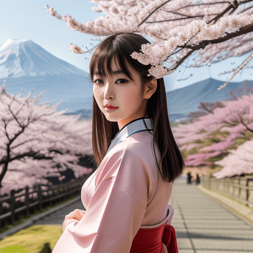 AI generated: a japanese supermodel girl 25 years in traditional japanse dress, light makeup, looking to viewer, c...
